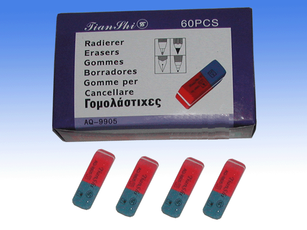 厂商：小天使橡皮制造有限公司            名称：红蓝双色夹层橡皮    型号：AQ-9905A